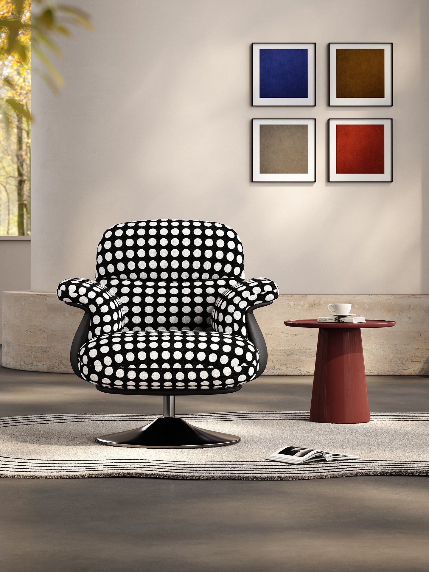 Black and White Polka Dot Swivel Accent Chair, Modern Upholstered Lounge Chair with Wide Arms, Jacquard Velvet Single Sofa Chair for Living Room, Bedroom, Balcony, Reading Corner