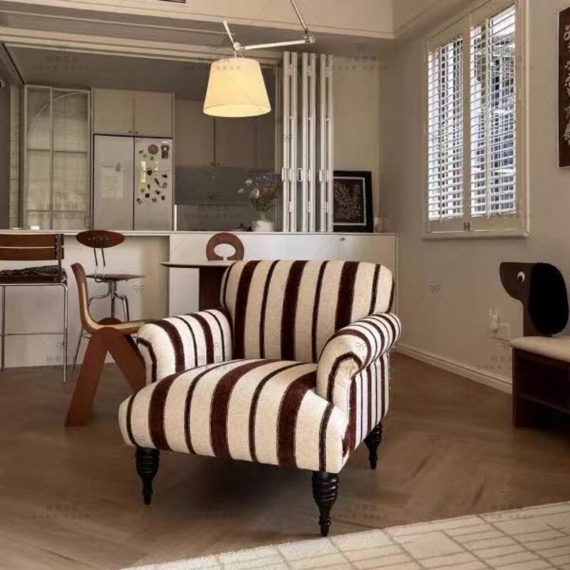French Country Stripe Accent Chair, Linen Upholstered Tiger Chair with Solid Wood Frame, Vintage Lounge Armchair for Living Room, Bedroom &amp; Reading Nook