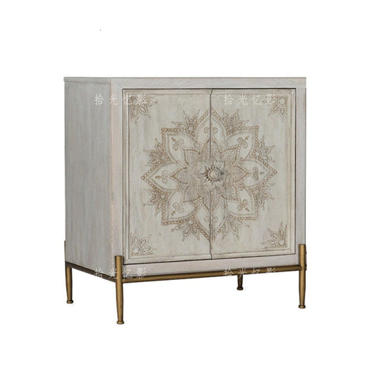 Whitewashed Floral Sideboard Cabinet with 2 Doors and Metal Base
