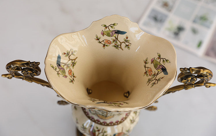 Large Ceramic Urn Vase with Ornate Metal Handles, Bird Floral Design