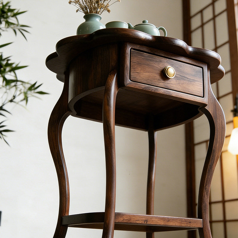 Ash Wood Flower Side Table with Drawer and Lower Shelf
