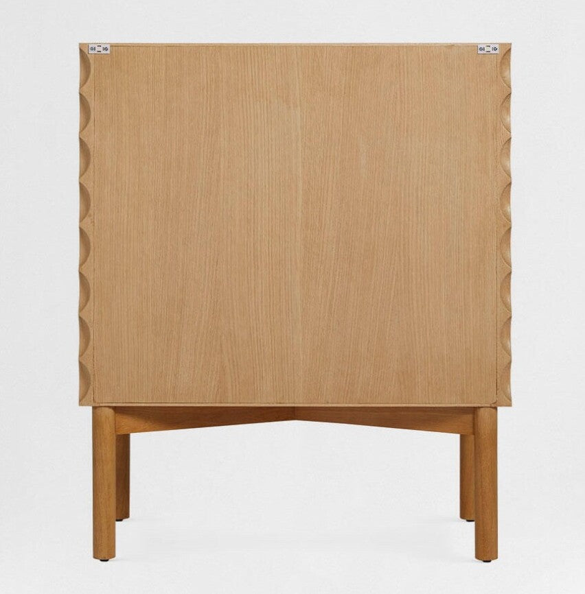 Natural Wood Scalloped Sideboard Cabinet, Solid Wood 2 Door Storage Cabinet with Wavy Edge Detail, Tall Buffet Credenza for Dining Room, Living Room, Entryway and Hallway