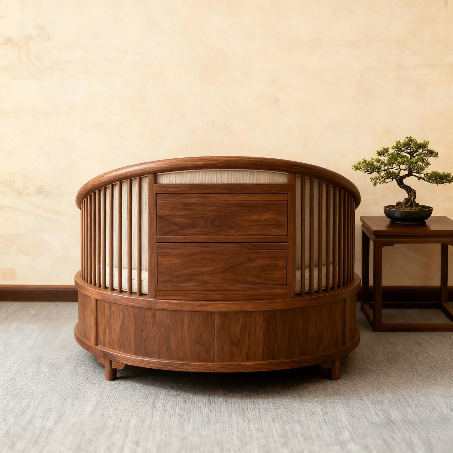 Ash Wood Barrel Chair with Storage Drawer and White Cushion