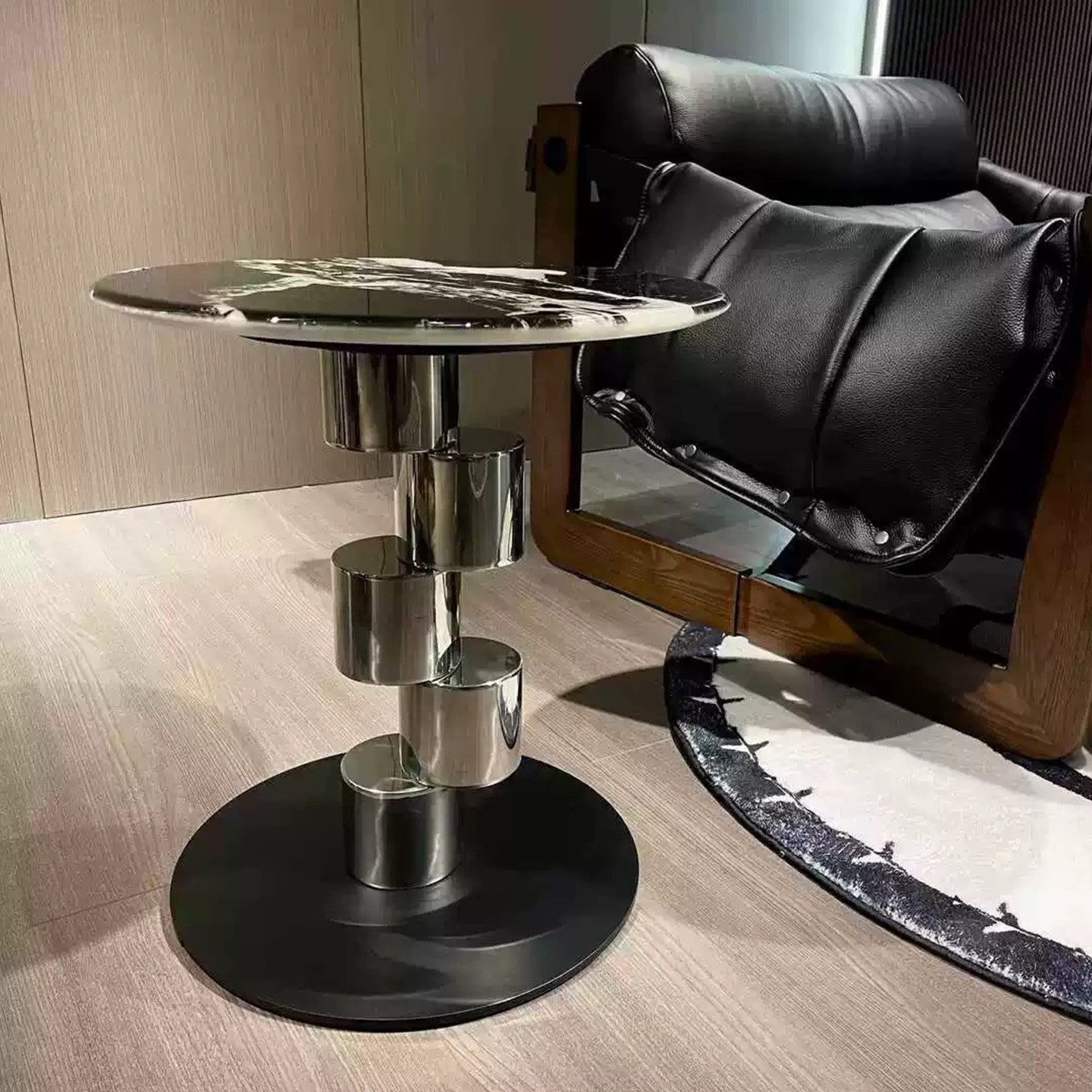 Napoleon Black Marble Round Side Table, Modern Accent Table with Stainless Steel Pedestal and Carbon Steel Base, Black Marble End Table for Living Room, Bedroom, Balcony