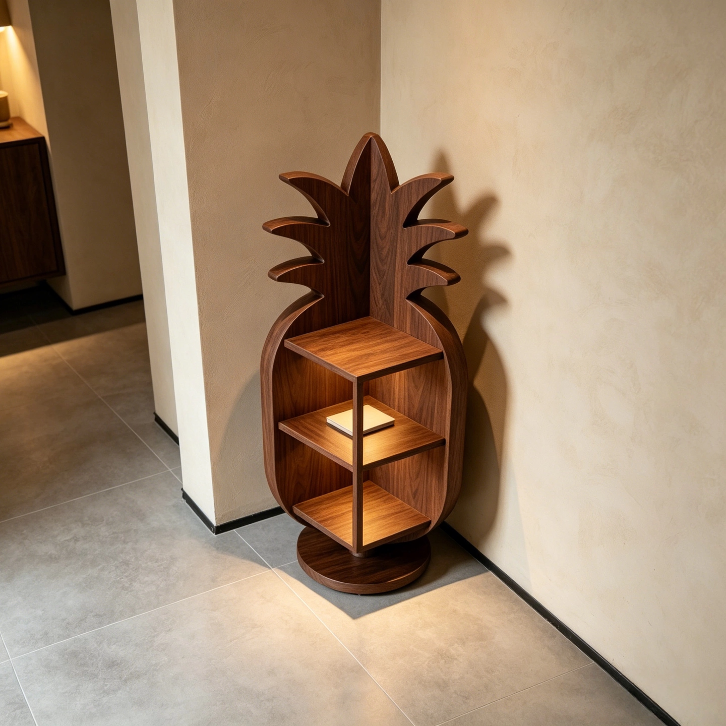 Pineapple Corner Shelf with LED Lighting, Ash Wood Display Storage Cabinet
