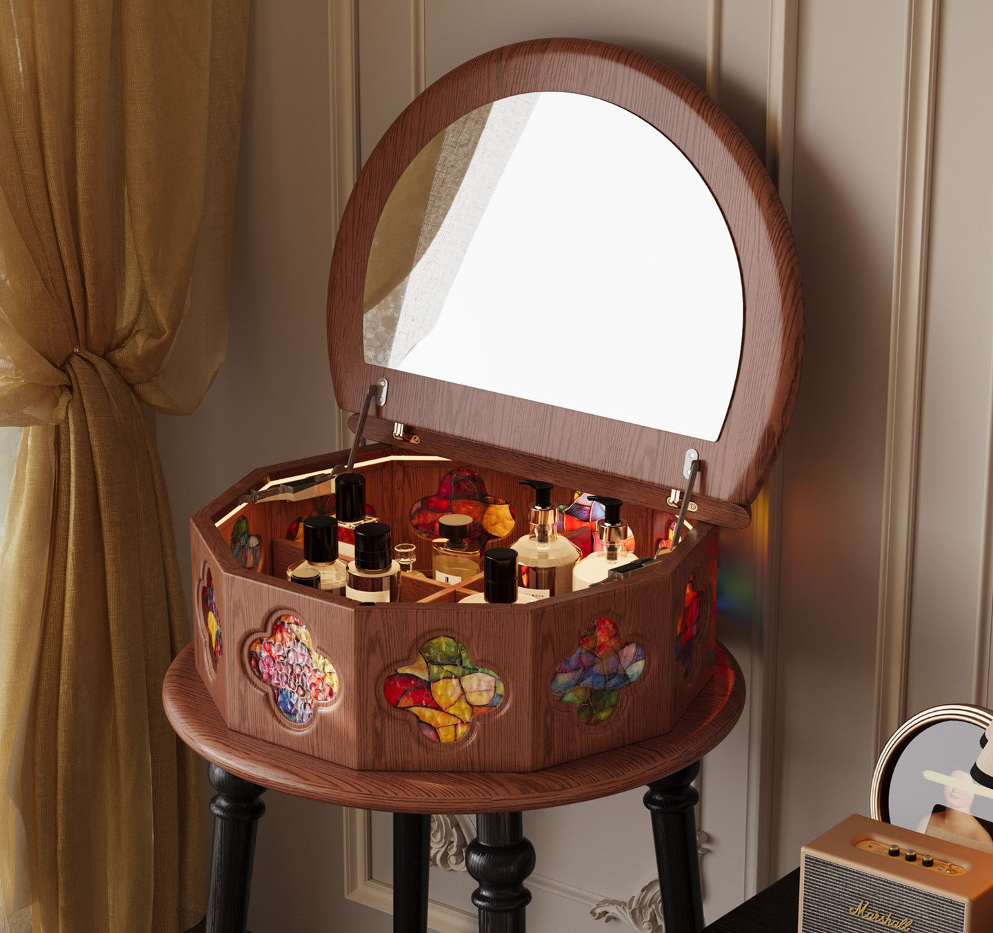 Solid Oak Vanity Table with Flip-Top Mirror, Rotating Jewelry Organizer and Stool