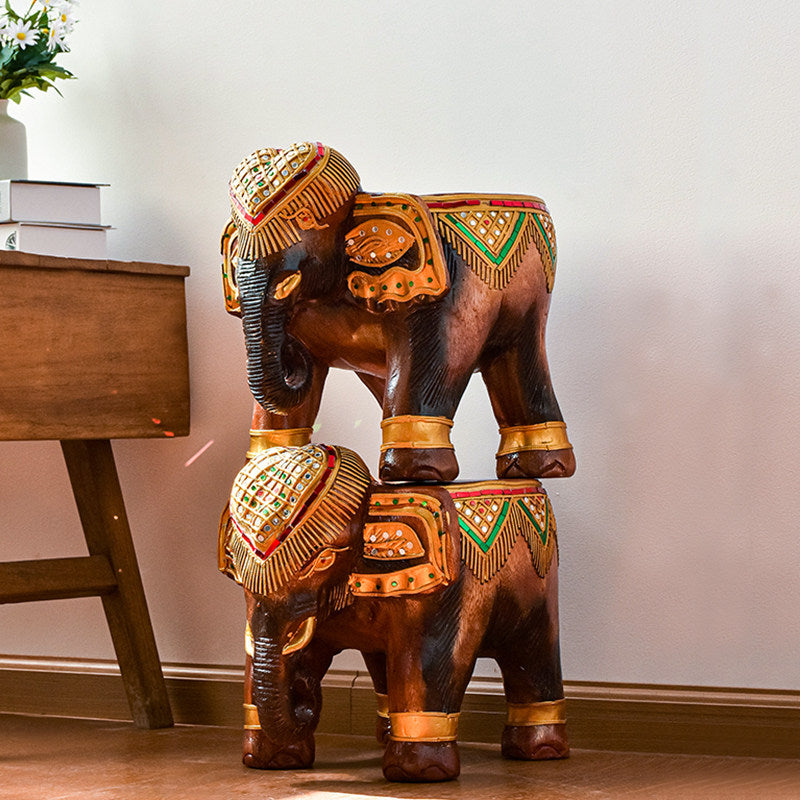 Hand-Carved Solid Wood Elephant Stool, Brown and Gold