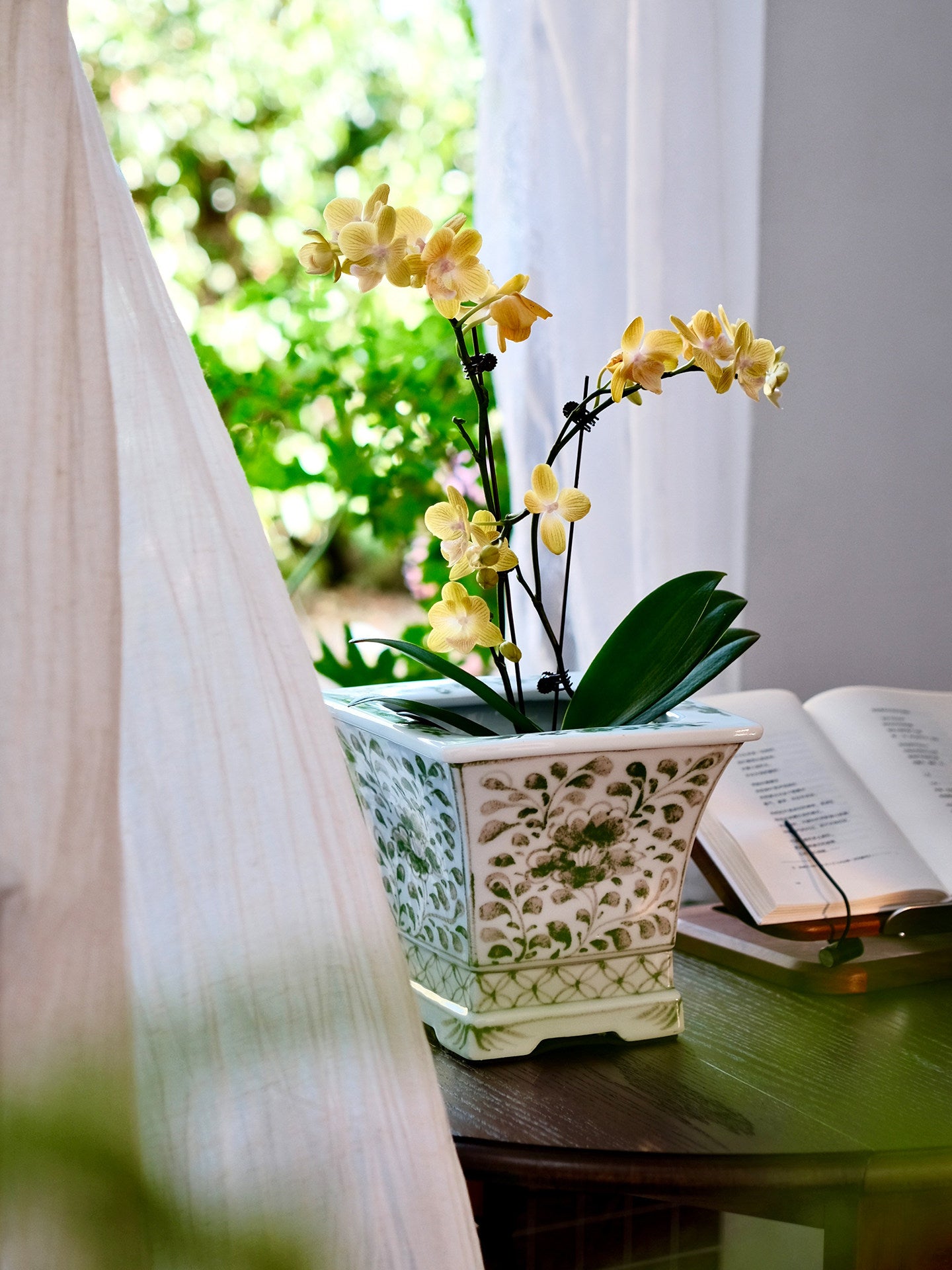 Green Floral Ceramic Planter, Square Decorative Flower Pot for Tabletop