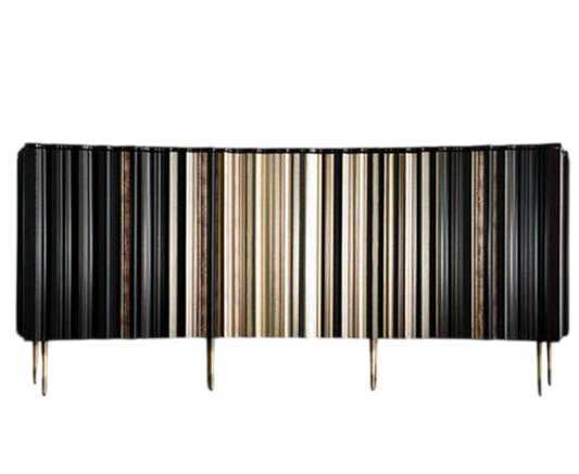 Black and Gold 2 Door Sideboard Buffet Cabinet, 35 Inch Modern Ribbed Accent Cabinet with Vertical Stripe Design, Luxury Storage Credenza for Dining Room, Living Room, Hallway and Entryway