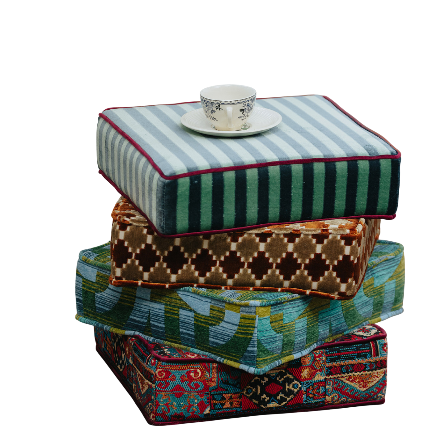 Multicolor Patchwork Upholstered Ottoman Stool, Eclectic Boho Accent Footstool with Cut Velvet and Jacquard Fabric, High-Density Foam Cushion and Russian Pine Wood Frame for Living Room, Entryway, Bedroom and Vanity