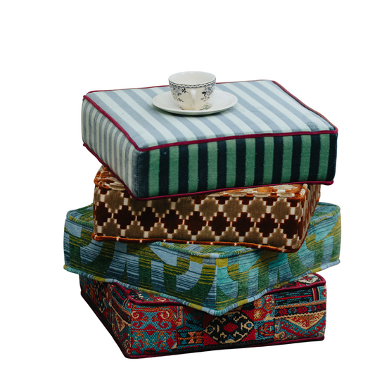 Multicolor Patchwork Upholstered Ottoman Stool, Eclectic Boho Accent Footstool with Cut Velvet and Jacquard Fabric, High-Density Foam Cushion and Russian Pine Wood Frame for Living Room, Entryway, Bedroom and Vanity