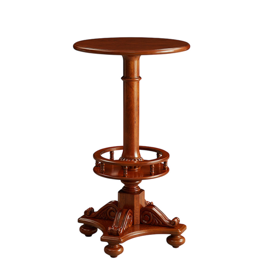 Brown Solid Wood Round Bar Table, Carved Pedestal, 24 Inch