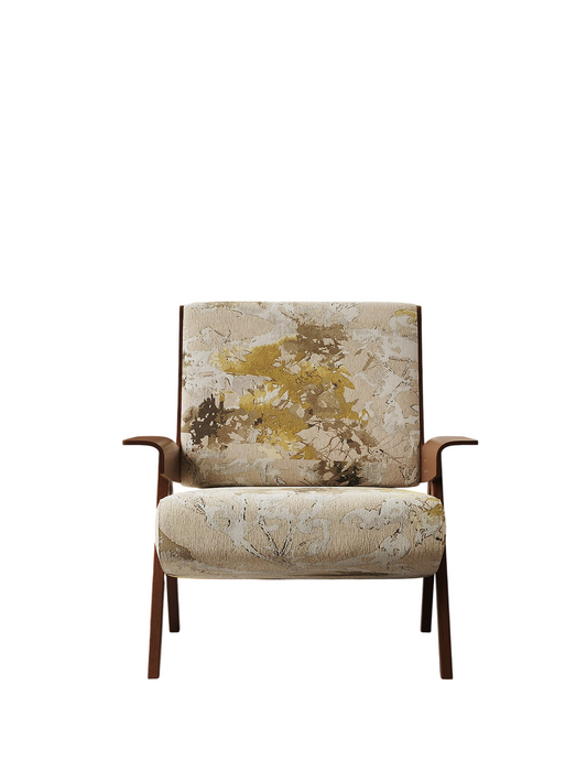 Curved Rattan Lounge Chair, Chenille Jacquard Upholstered Accent Chair with Wide Cushion, Natural Cane Frame Single Sofa Chair for Living Room, Bedroom, Balcony, Hotel, Cafe, and Reading Corner