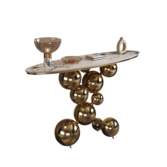 Champagne Gold Console Table, Sintered Stone Top, Sculptural Sphere Base