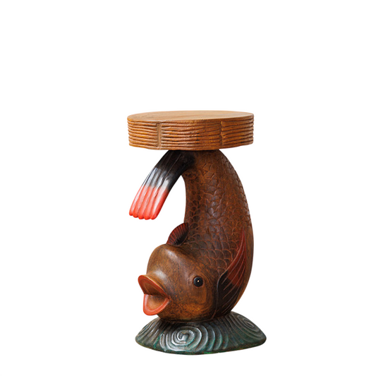 Brown Solid Wood Koi Fish Stool, Carved Side Table