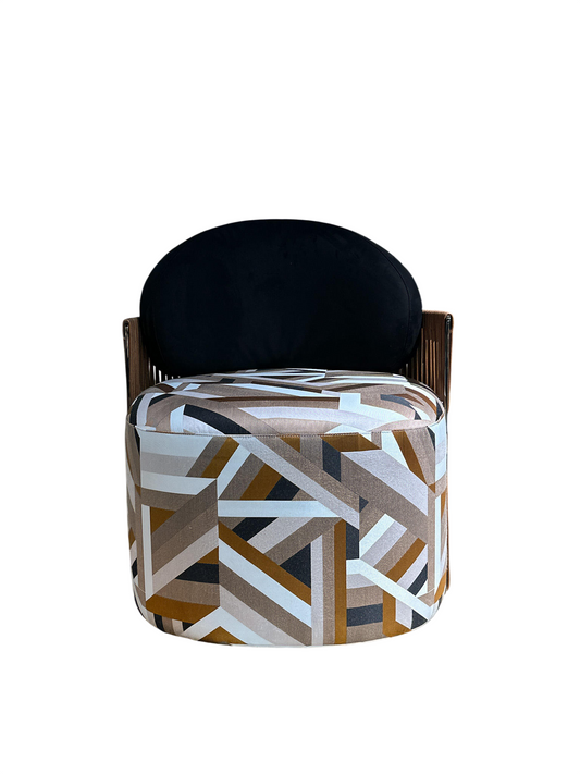 Black Velvet Accent Chair with Geometric Fabric Seat and Wood Arms