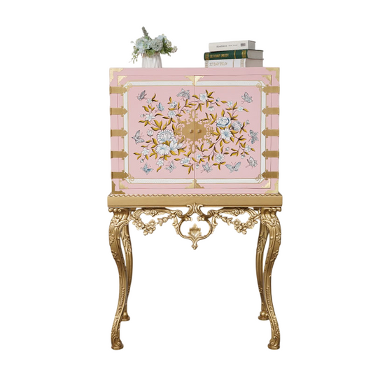Pink and Gold European Style Accent Cabinet, Baroque Inspired Floral Painted Storage Cabinet with Tall Ornate Legs, Decorative 2 Door Cabinet for Bedroom, Living Room, Entryway, Dressing Area, and Home Bar