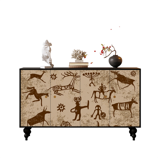 French Vintage Style 4 Door Sideboard Cabinet, Beige and Brown Abstract Animal Art Storage Cabinet, Solid Wood Buffet Credenza for Dining Room, Living Room, Entryway, Bedroom and Hotel Decor