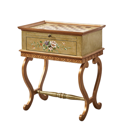 Vintage Painted Wood Chess Table with Drawer and Pull-Out Trays