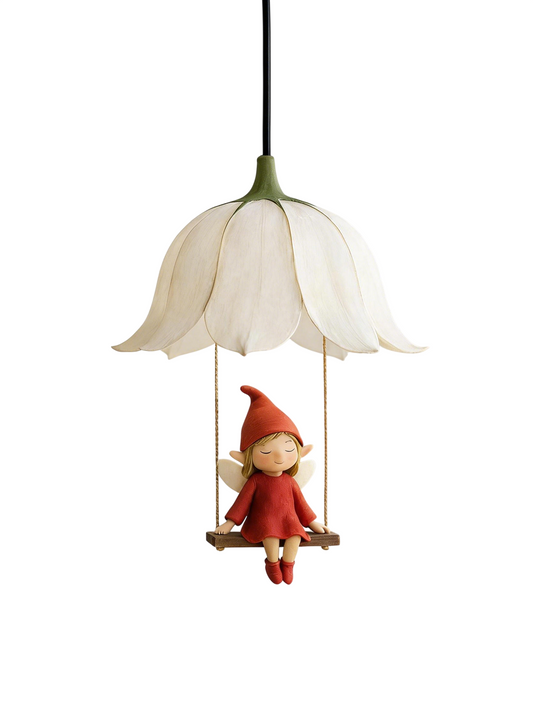 Flower Girl Pendant Light, Red Doll Hanging Lamp with 3 Color Light Modes, Whimsical Floral Ceiling Light for Bedroom, Hallway, Bedside, Nursery Decor