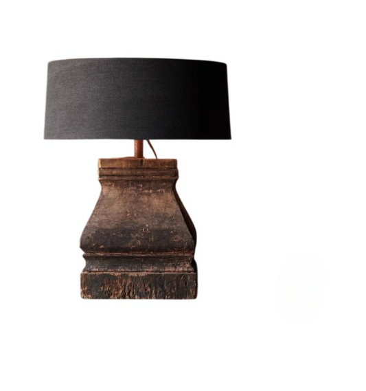 Rustic Wood Table Lamp, Vintage Farmhouse Bedside Lamp with Black Drum Fabric Shade, Distressed Wooden Accent Lamp for Bedroom, Living Room, Nightstand, Console Table, Hotel Decor