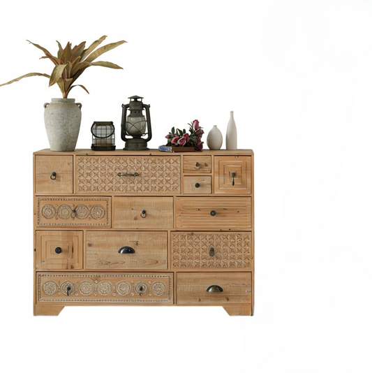 Solid Wood 12-Drawer Storage Chest, Rustic Carved Accent Cabinet