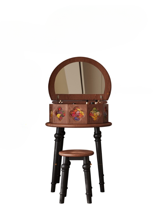 Solid Oak Vanity Table with Flip-Top Mirror, Rotating Jewelry Organizer and Stool