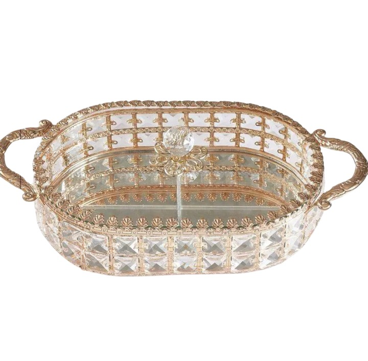 Luxury Crystal Candy Dish with Lid, Gold Decorative Serving Tray, Covered Snack Organizer for Coffee Table, Coffee Bar, Living Room, Dining Table and Wedding Decor