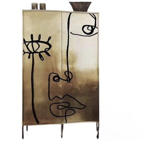 Tall 2 Door Storage Cabinet, Gold Tone Accent Cabinet with Abstract Face Line Art, Modern Freestanding Display Cabinet for Living Room, Dining Room, Entryway and Home Bar