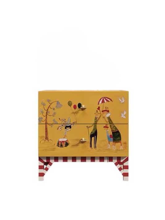 Hand Painted Yellow Nightstand, Solid Wood Bedside Table with Whimsical Animal Artwork, 2-Drawer Accent Storage Cabinet, Vintage Painted End Table for Bedroom, Living Room, Kids Room, and Guest Room