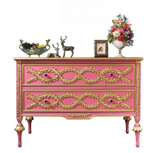Pink Solid Wood Entryway Cabinet with 2 Drawers and Gold Trim