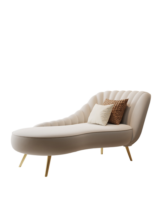 Cream Velvet Curved Chaise Lounge Sofa with Channel-Tufted Shell Back, High-Density Foam Cushion, Solid Wood Frame and Gold-Tone Legs for Living Room, Bedroom, Hotel and Reception Area
