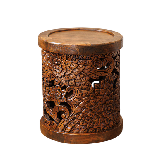 Solid Wood Carved Round Stool, Rustic Floral Drum Stool, Decorative Wooden Side Table, Entryway Shoe Bench, Plant Stand, Footstool, and Accent Seat for Living Room, Bedroom, Porch, and Balcony
