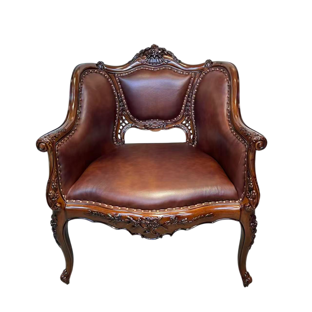 Brown Leather Accent Chair with Carved Solid Wood Frame, 29.5 Inch