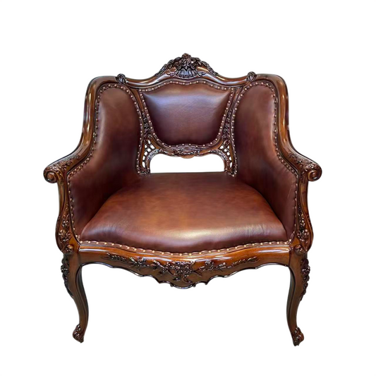 Brown Leather Accent Chair with Carved Solid Wood Frame, 29.5 Inch