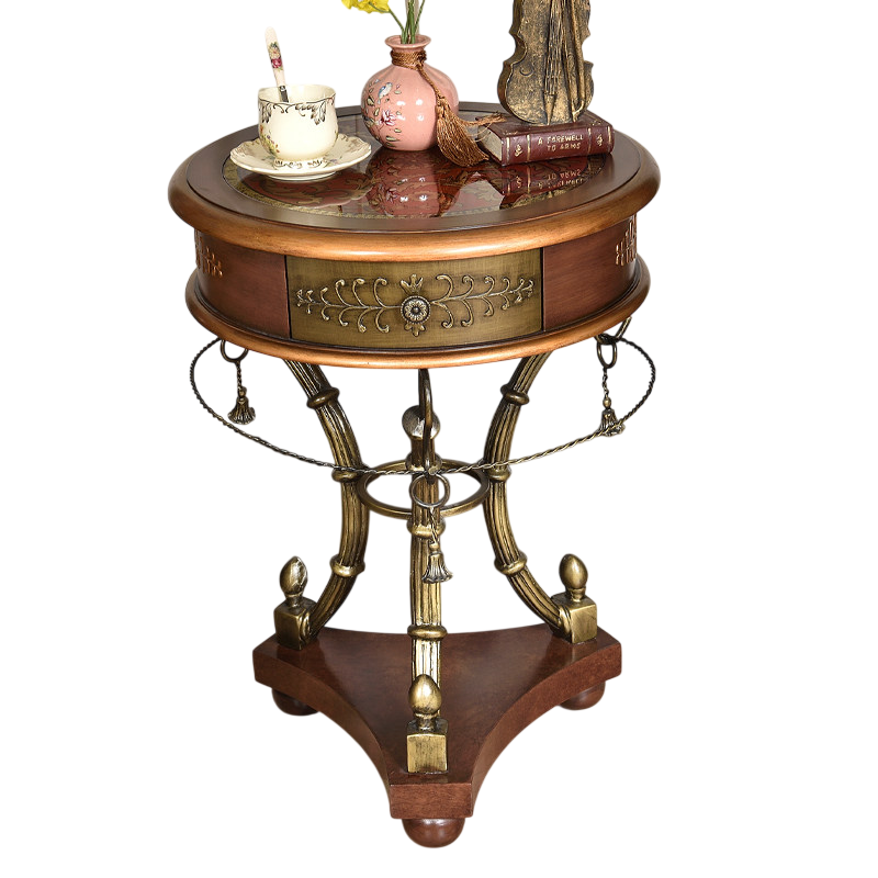 Round Wood Side Table with Glass Top, Drawer and Metal Base