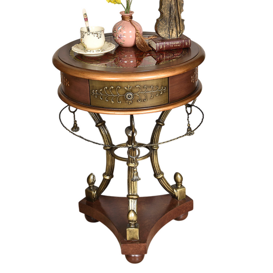 Round Wood Side Table with Glass Top, Drawer and Metal Base
