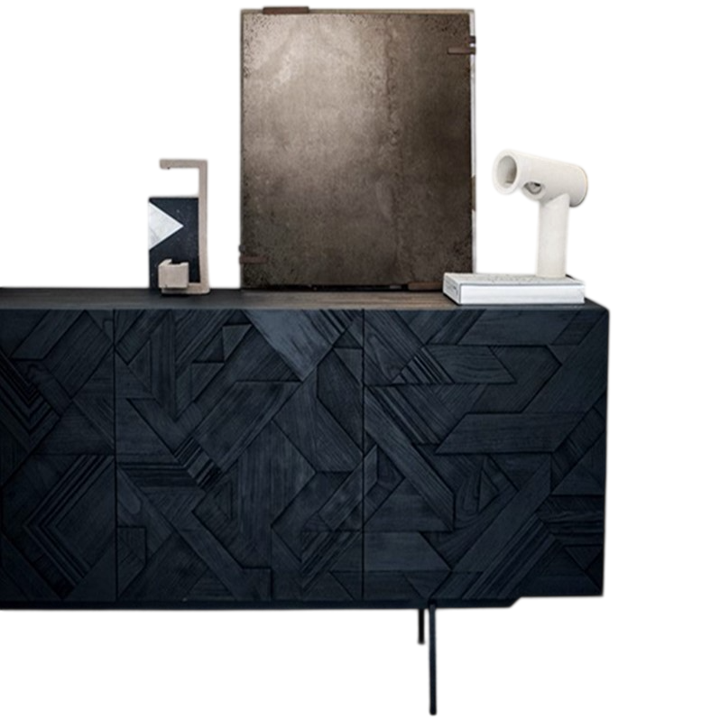 Black Solid Wood Sideboard Buffet Cabinet, Carved Geometric Front Credenza with Concealed Storage and Slim Metal Legs for Dining Room, Living Room, Entryway or Hallway