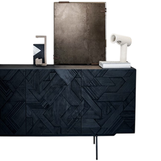 Black Solid Wood Sideboard Buffet Cabinet, Carved Geometric Front Credenza with Concealed Storage and Slim Metal Legs for Dining Room, Living Room, Entryway or Hallway