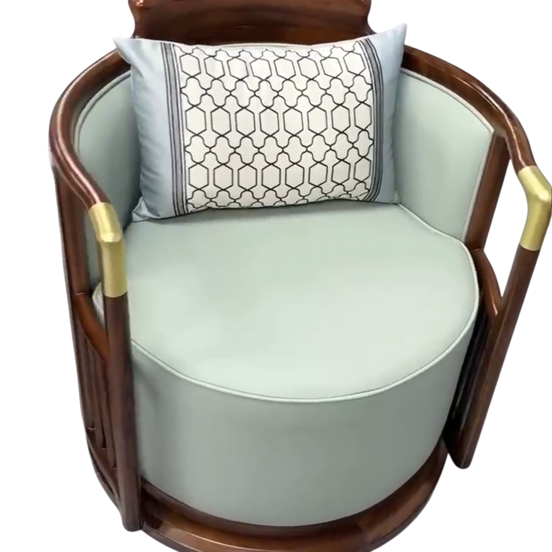 Swivel Ash Wood Barrel Accent Chair with Upholstered Seat and Lumbar Pillow, 360° Rotating Lounge Chair for Living Room, Bedroom, Office &amp; Reception