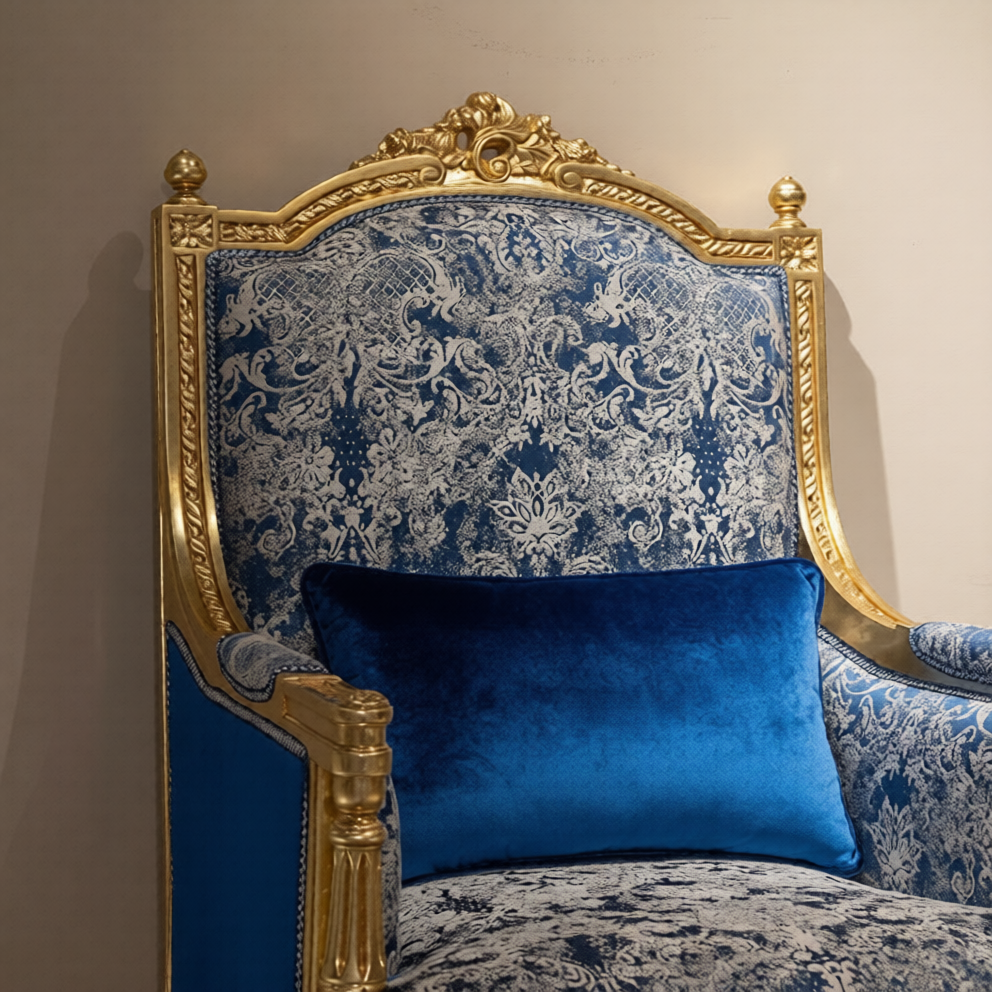 Blue Damask Accent Chair with Gold Tone Carved Wood Frame, High Back Upholstered Armchair with Pillow, Luxury Living Room Chair for Bedroom, Reading Corner, Lounge, Office and Vanity Space