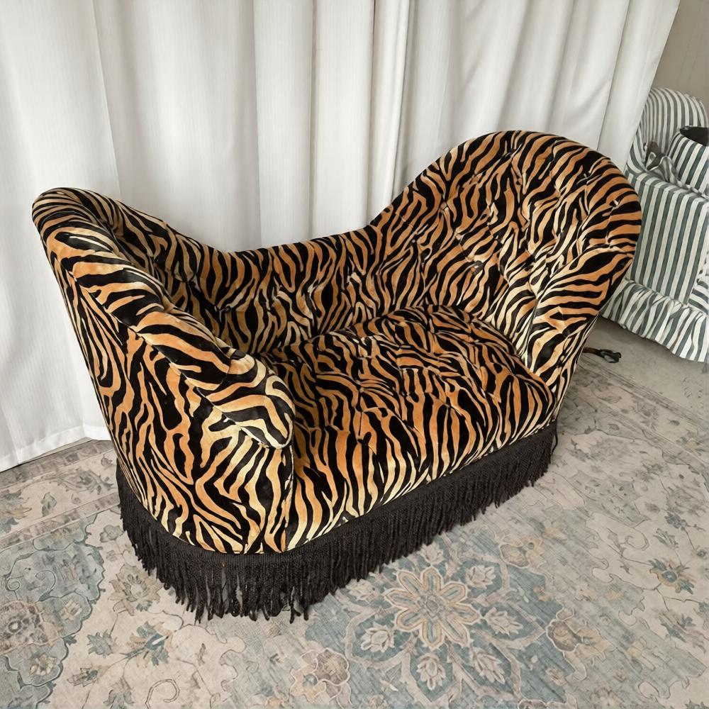 Tiger Print Loveseat Sofa, Upholstered Fabric Lounge Couch with High Curved Arms and Fringe Base for Living Room, Bedroom, Boutique Hotel and Reading Lounge