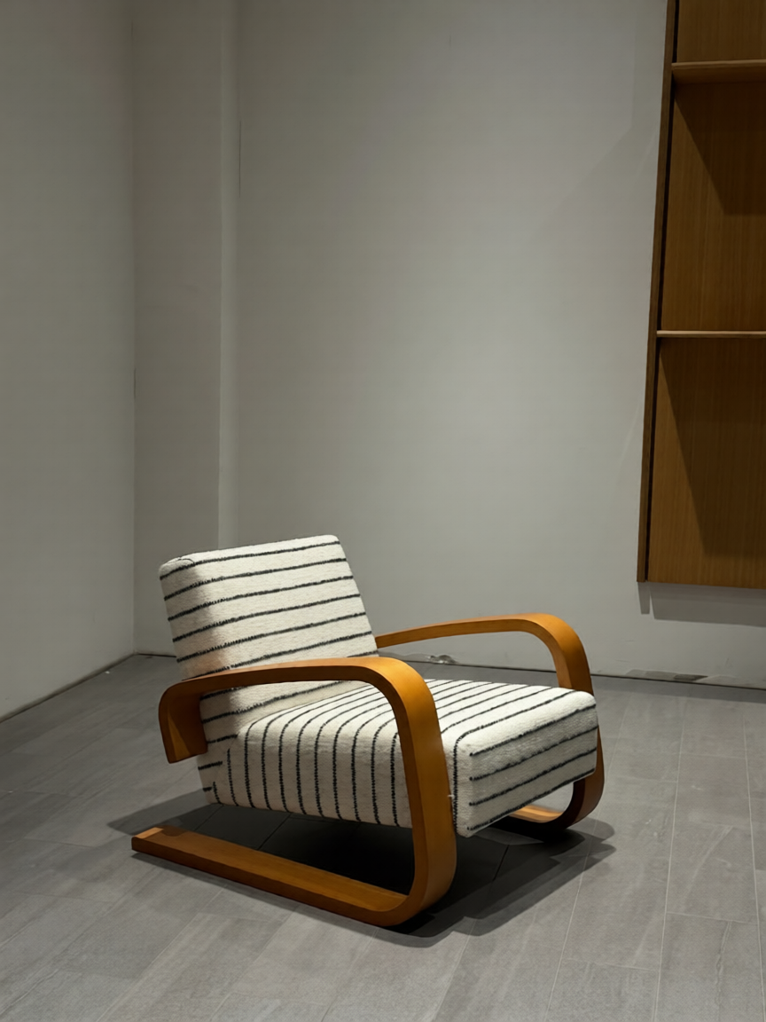 Mid-Century Wood Rocking Accent Chair with Striped Upholstery, Modern Lounge Armchair for Living Room, Bedroom, Reading Nook and Hotel, Teak Brown