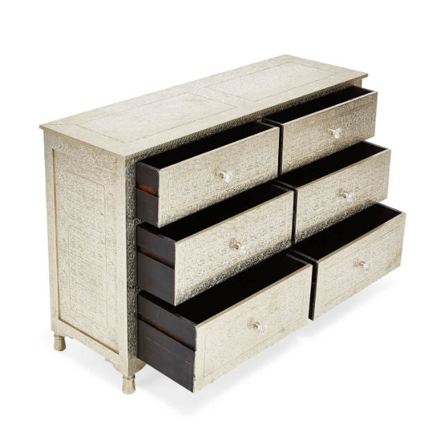 Luxury White Embossed 6 Drawer Dresser Chest Modern Handcrafted Storage Cabinet Elegant Bedroom Chest of Drawers Decorative Living Room Organizer Furniture