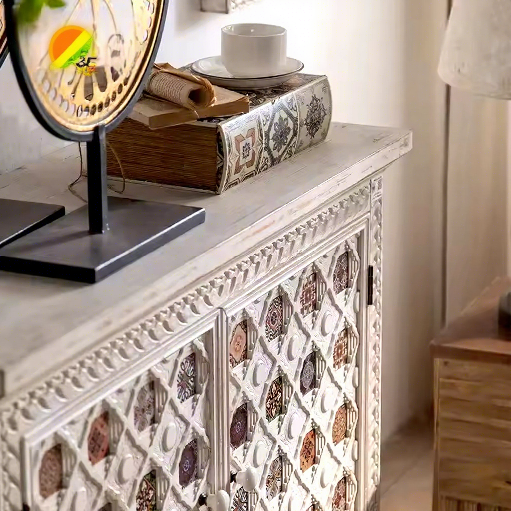 Mediterranean Style Solid Wood Sideboard Cabinet Modern Farmhouse Double Door Storage Cabinet Distressed White Entryway Console Cabinet for Living Room Dining Room