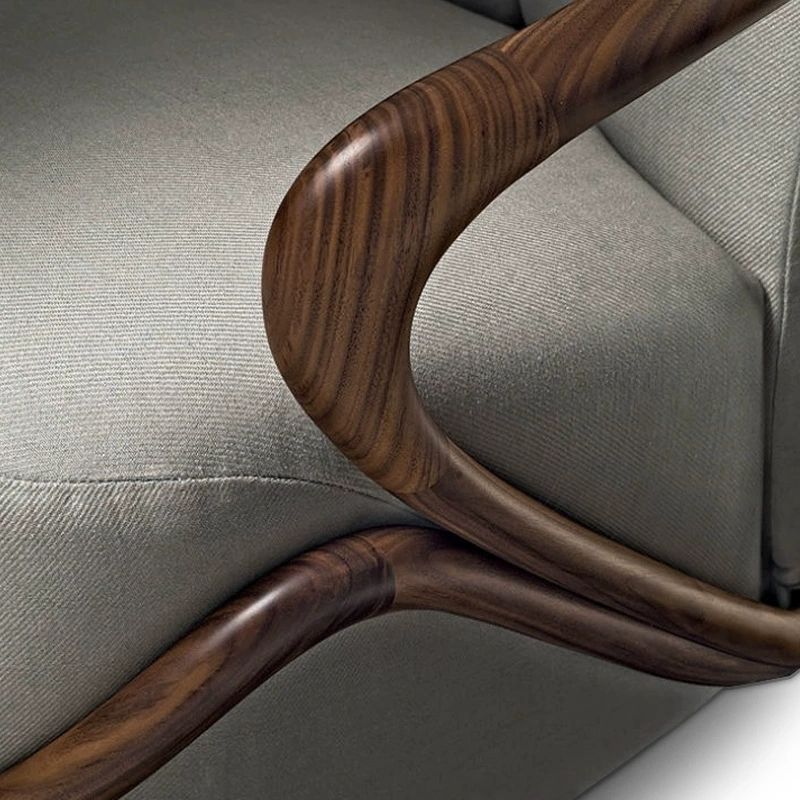 Beige Upholstered Accent Chair with Curved Wood Frame for Living Room
