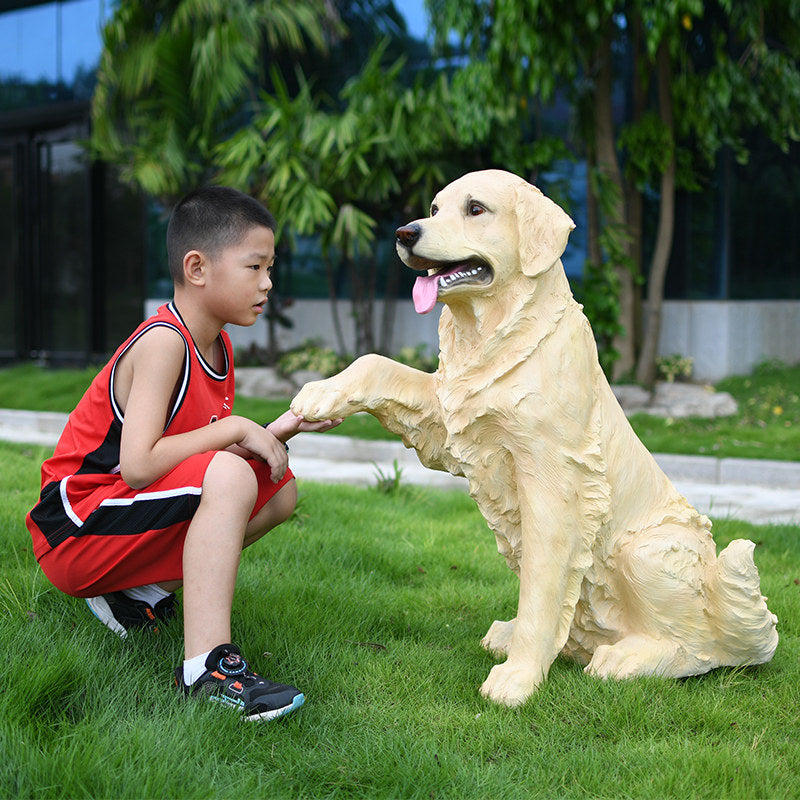 Large Beige Golden Retriever Dog Statue, Realistic Sitting Paw-Raised Animal Sculpture, Decorative Garden Ornament for Porch, Patio, Lawn, Entryway and Living Room