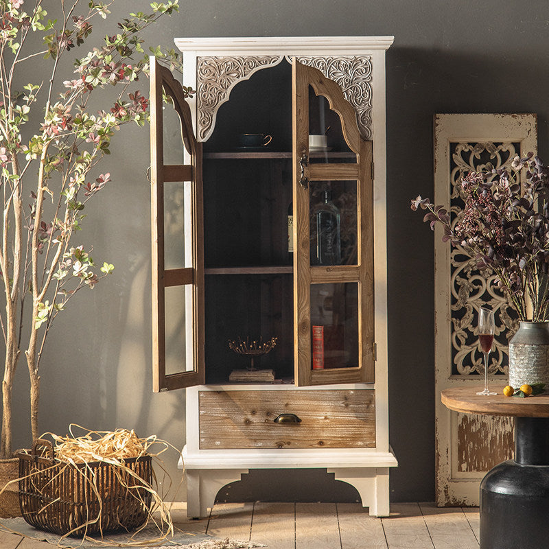 Ivory 2-Door Display Cabinet with Glass Panels, Drawer and Carved Floral Trim