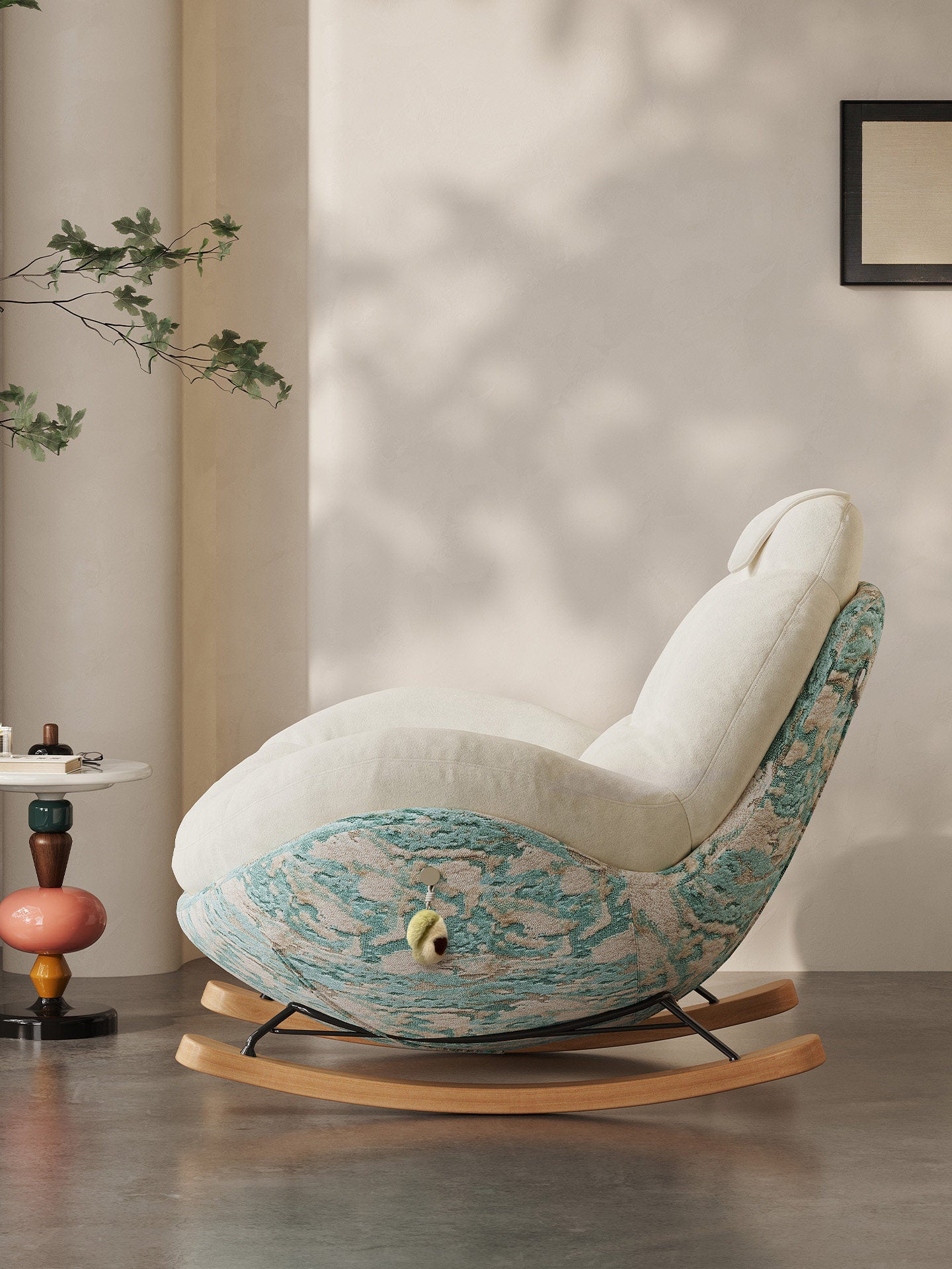 Modern Upholstered Rocking Chair, Oversized Lounge Rocker with Plush Velvet Fabric, Ergonomic Accent Chair for Living Room, Bedroom, Nursery &amp; Reading Nook, Contemporary Upholstered Glider Chair, Blue and Cream