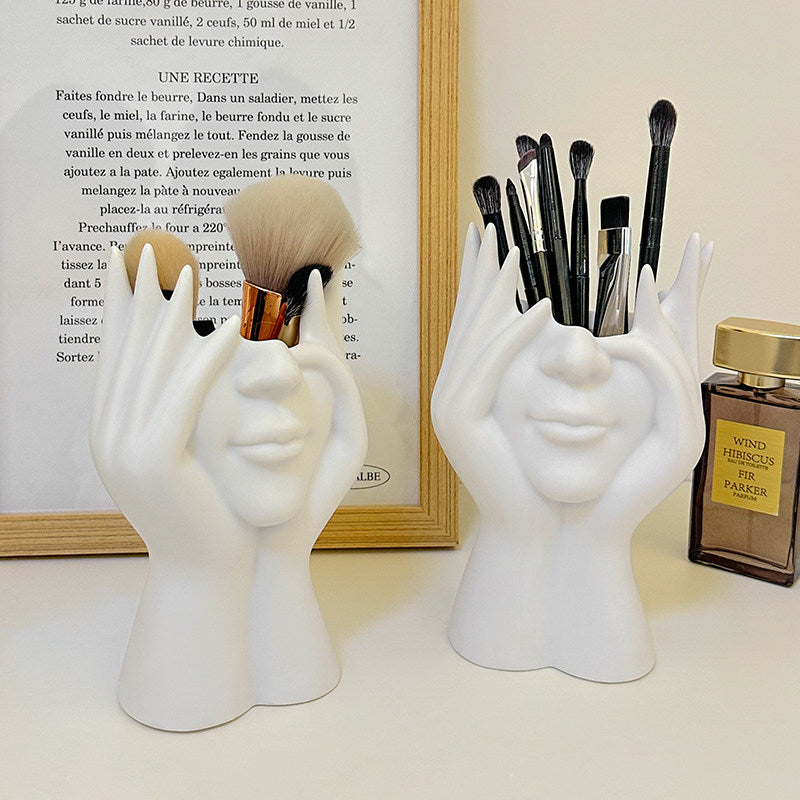 White Abstract Face Makeup Brush Holder, Sculptural Pen Cup